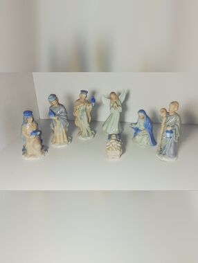 Hand-Painted Ceramic Nativity Set (7) Pieces Pastel Blue & Cream